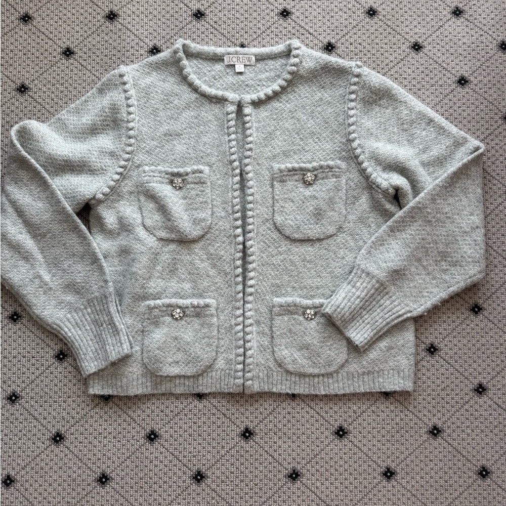 J.Crew Odette Lady Jacket Cardigan Wool Alpaca Blend Jeweled Buttons Grey M